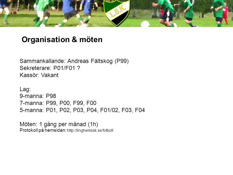 Organisation & möten Sammankallande: Andreas Fältskog (P99) Sekreterare: P01/F01 .