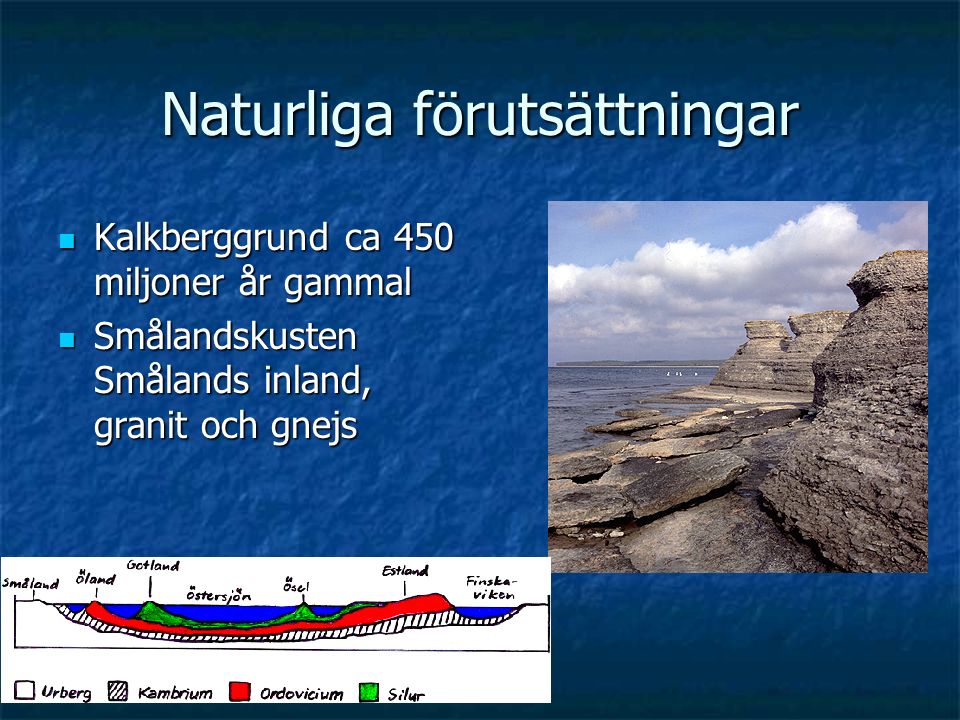 Naturliga förutsättningar Kalkberggrund ca 450 miljoner år gammal Kalkberggrund ca 450 miljoner år gammal Smålandskusten Smålands inland, granit och gnejs Smålandskusten Smålands inland, granit och gnejs
