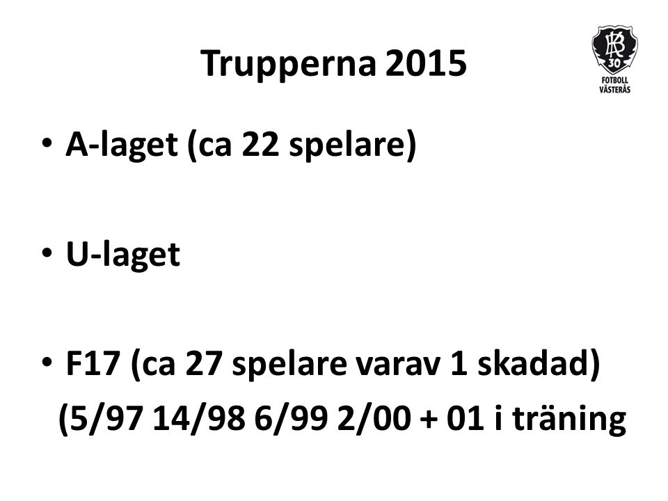 Trupperna 2015 A-laget (ca 22 spelare) U-laget F17 (ca 27 spelare varav 1 skadad) (5/97 14/98 6/99 2/ i träning