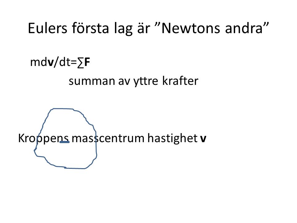 Eulers första lag är Newtons andra mdv/dt=∑F summan av yttre krafter Kroppens masscentrum hastighet v
