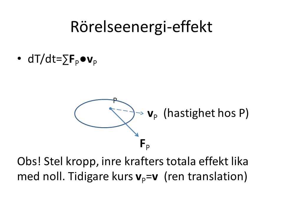 Rörelseenergi-effekt dT/dt=∑F P ●v P P v P (hastighet hos P) F P Obs.
