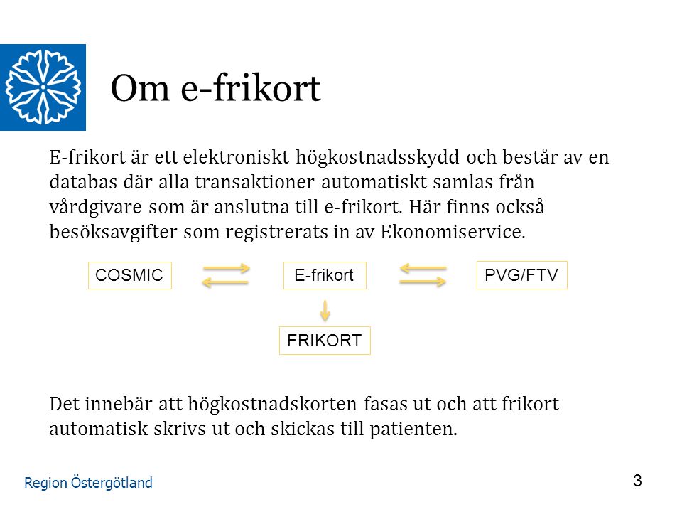 Region Östergötland E-frikort är ett elektroniskt högkostnadsskydd och består av en databas där alla transaktioner automatiskt samlas från vårdgivare som är anslutna till e-frikort.