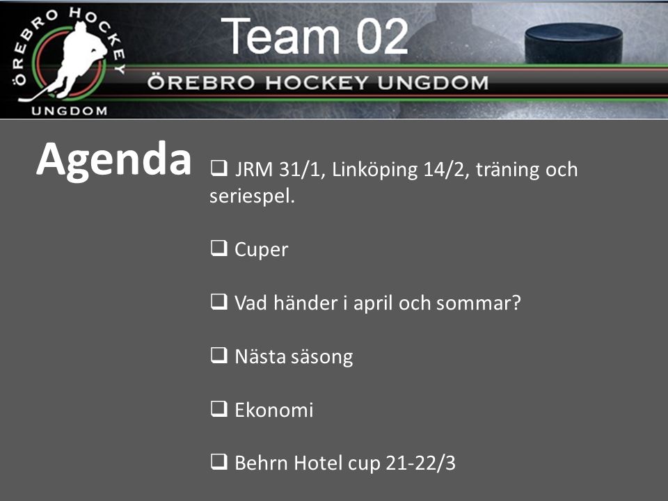 Agenda  JRM 31/1, Linköping 14/2, träning och seriespel.