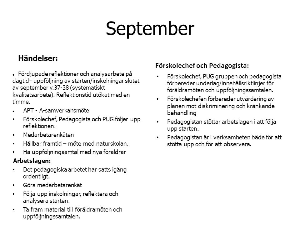 September Händelser: Fördjupade reflektioner och analysarbete på dagtid– uppföljning av starten/inskolningar slutet av september v (systematiskt kvalitetsarbete).
