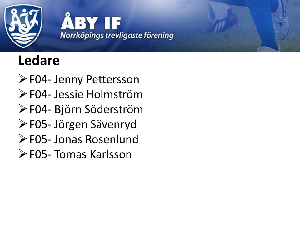 Ledare  F04- Jenny Pettersson  F04- Jessie Holmström  F04- Björn Söderström  F05- Jörgen Sävenryd  F05- Jonas Rosenlund  F05- Tomas Karlsson