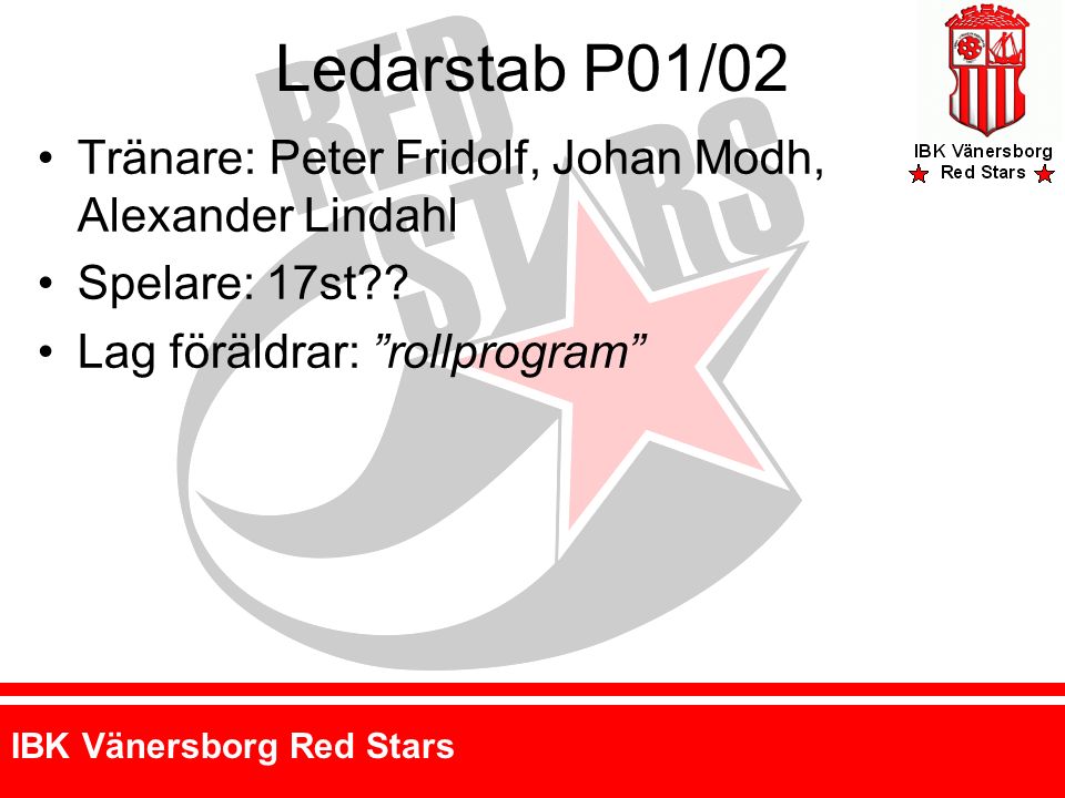 IBK Vänersborg Red Stars Ledarstab P01/02 Tränare: Peter Fridolf, Johan Modh, Alexander Lindahl Spelare: 17st .