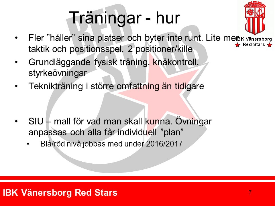 IBK Vänersborg Red Stars Träningar - hur Fler håller sina platser och byter inte runt.