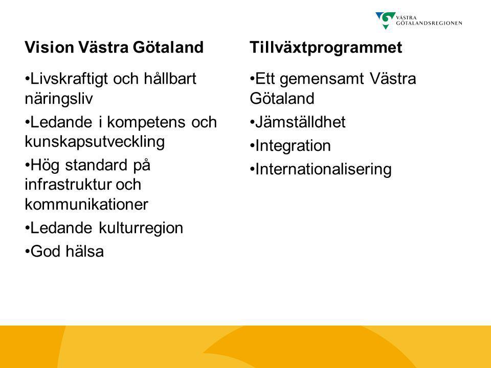 Vision Västra Götaland •Livskraftigt och hållbart näringsliv •Ledande i kompetens och kunskapsutveckling •Hög standard på infrastruktur och kommunikationer •Ledande kulturregion •God hälsa Tillväxtprogrammet •Ett gemensamt Västra Götaland •Jämställdhet •Integration •Internationalisering