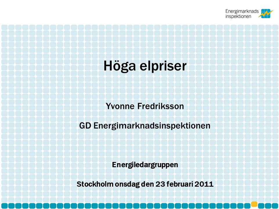 Höga elpriser Yvonne Fredriksson GD Energimarknadsinspektionen Energiledargruppen Stockholm onsdag den 23 februari 2011