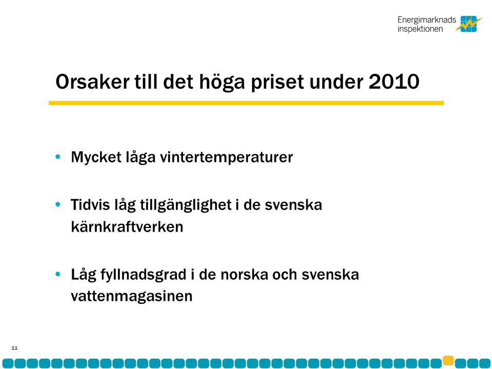 Orsaker till det höga priset under 2010 •Mycket låga vintertemperaturer •Tidvis låg tillgänglighet i de svenska kärnkraftverken •Låg fyllnadsgrad i de norska och svenska vattenmagasinen 11