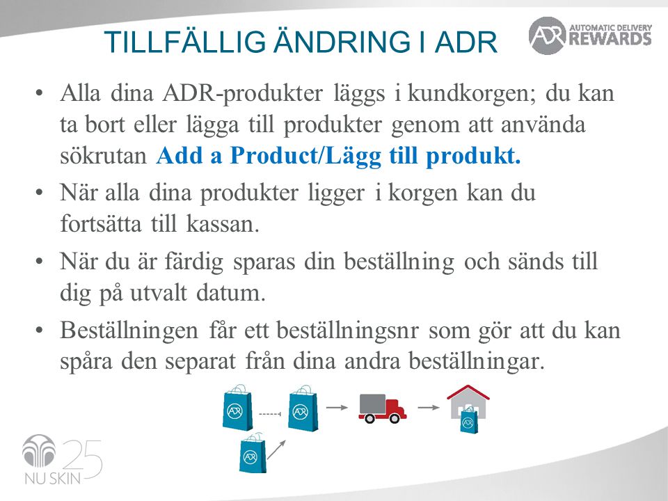 TILLFÄLLIG ÄNDRING I ADR •Alla dina ADR-produkter läggs i kundkorgen; du kan ta bort eller lägga till produkter genom att använda sökrutan Add a Product/Lägg till produkt.
