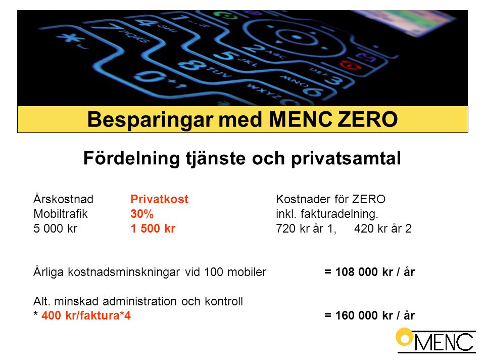 Fördelning tjänste och privatsamtal Årskostnad PrivatkostKostnader för ZERO Mobiltrafik30%inkl.