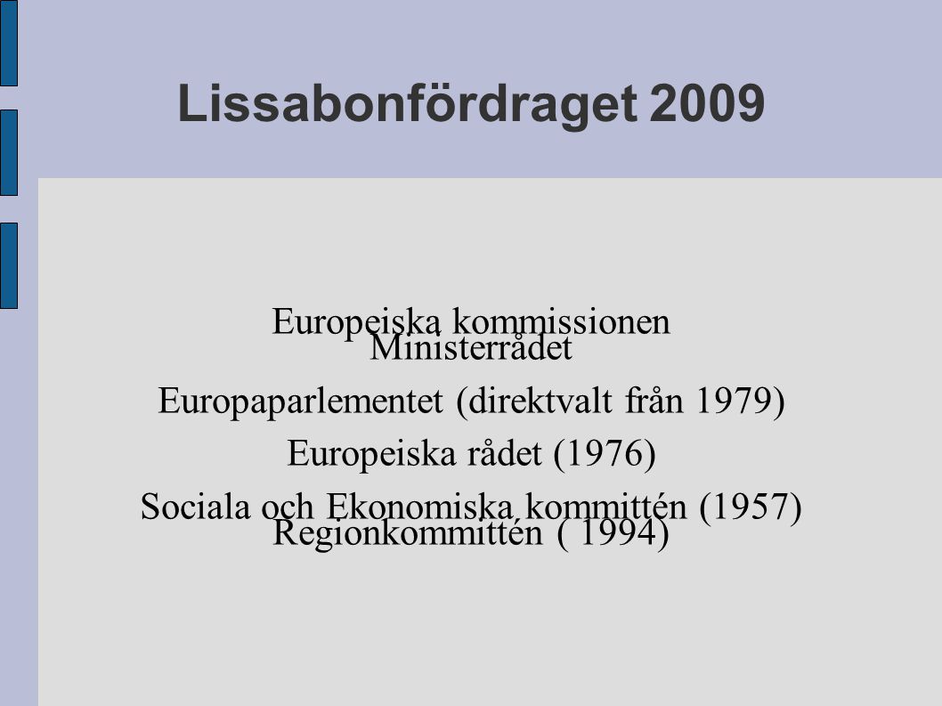 Lissabonfördraget 2009 Europeiska kommissionen Ministerrådet Europaparlementet (direktvalt från 1979) Europeiska rådet (1976) Sociala och Ekonomiska kommittén (1957) Regionkommittén ( 1994)
