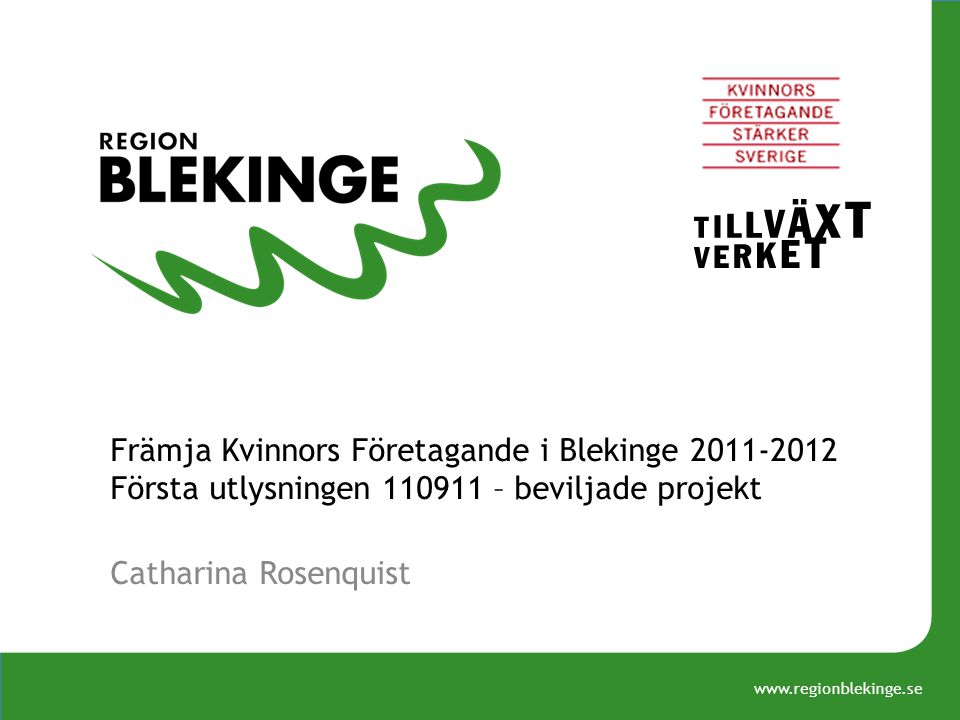 Främja Kvinnors Företagande i Blekinge Första utlysningen – beviljade projekt Catharina Rosenquist