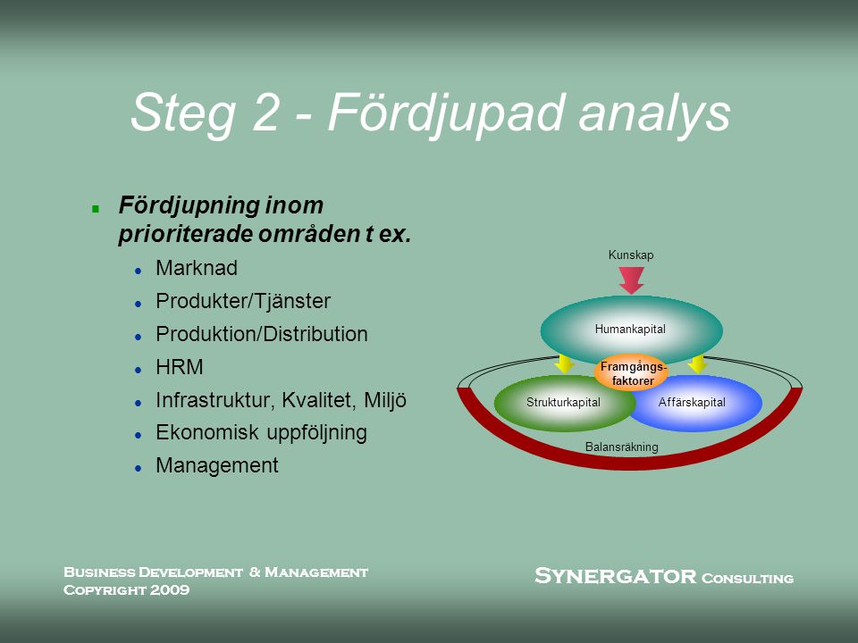 Synergator Consulting Business Development & Management Copyright 2009 Steg 2 - Fördjupad analys n Fördjupning inom prioriterade områden t ex.
