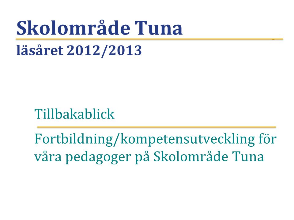 Skolområde Tuna läsåret 2012/2013 Tillbakablick Fortbildning/kompetensutveckling för våra pedagoger på Skolområde Tuna