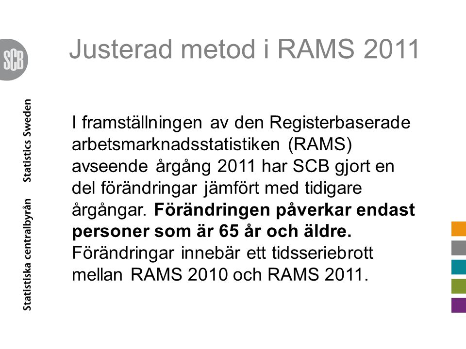Justerad metod i RAMS 2011 I framställningen av den Registerbaserade arbetsmarknadsstatistiken (RAMS) avseende årgång 2011 har SCB gjort en del förändringar jämfört med tidigare årgångar.