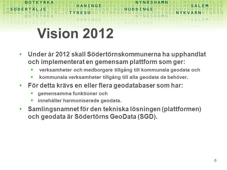 Vision 2012 •Under år 2012 skall Södertörnskommunerna ha upphandlat och implementerat en gemensam plattform som ger:  verksamheter och medborgare tillgång till kommunala geodata och  kommunala verksamheter tillgång till alla geodata de behöver.