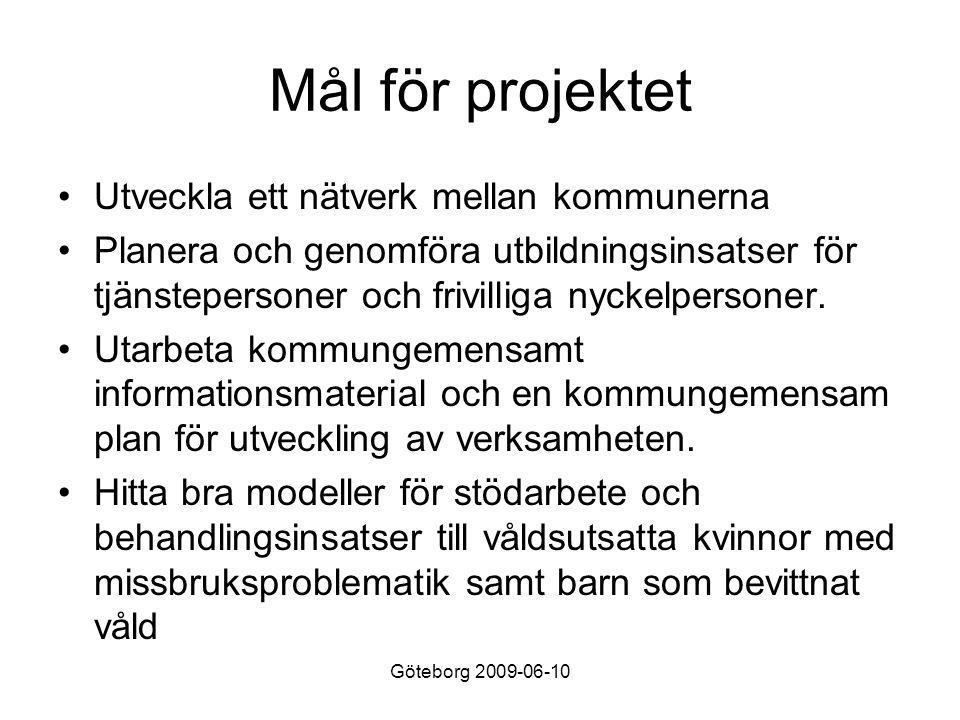 Göteborg Mål för projektet •Utveckla ett nätverk mellan kommunerna •Planera och genomföra utbildningsinsatser för tjänstepersoner och frivilliga nyckelpersoner.
