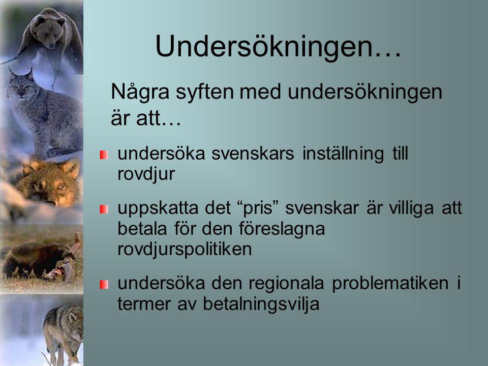 Undersökningen… undersöka svenskars inställning till rovdjur uppskatta det pris svenskar är villiga att betala för den föreslagna rovdjurspolitiken undersöka den regionala problematiken i termer av betalningsvilja Några syften med undersökningen är att…