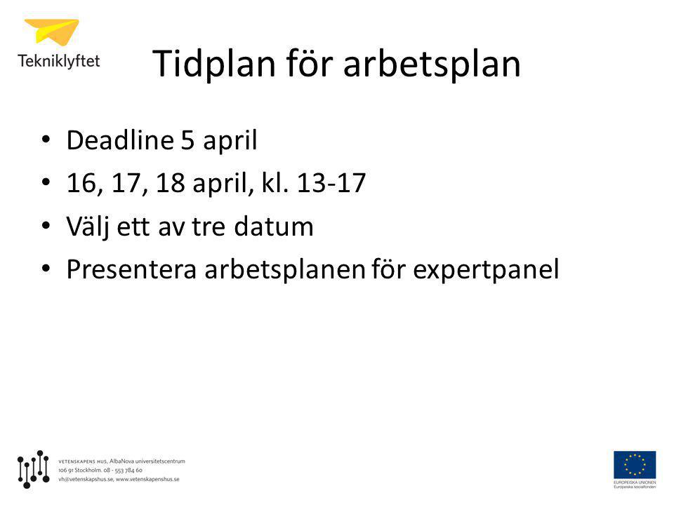 Tidplan för arbetsplan • Deadline 5 april • 16, 17, 18 april, kl.