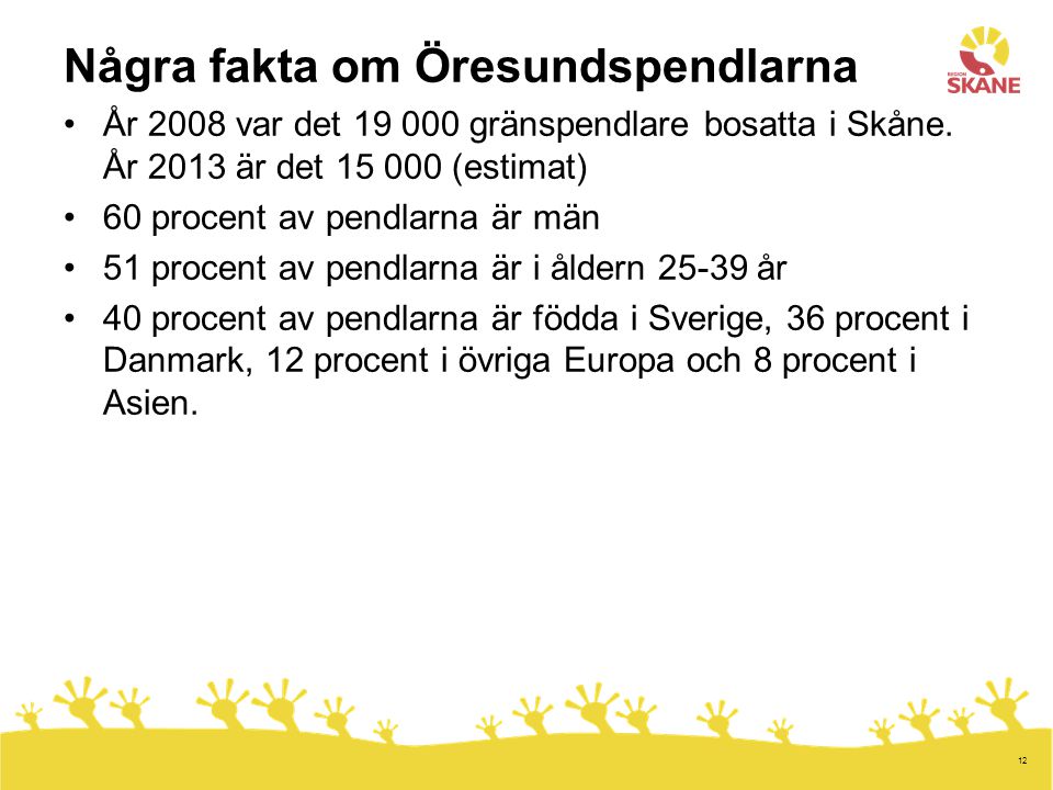 12 Några fakta om Öresundspendlarna •År 2008 var det gränspendlare bosatta i Skåne.