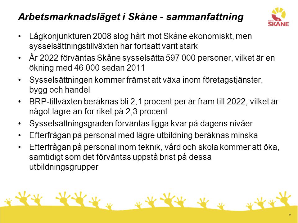 9 Arbetsmarknadsläget i Skåne - sammanfattning •Lågkonjunkturen 2008 slog hårt mot Skåne ekonomiskt, men sysselsättningstillväxten har fortsatt varit stark •År 2022 förväntas Skåne sysselsätta personer, vilket är en ökning med sedan 2011 •Sysselsättningen kommer främst att växa inom företagstjänster, bygg och handel •BRP-tillväxten beräknas bli 2,1 procent per år fram till 2022, vilket är något lägre än för riket på 2,3 procent •Sysselsättningsgraden förväntas ligga kvar på dagens nivåer •Efterfrågan på personal med lägre utbildning beräknas minska •Efterfrågan på personal inom teknik, vård och skola kommer att öka, samtidigt som det förväntas uppstå brist på dessa utbildningsgrupper