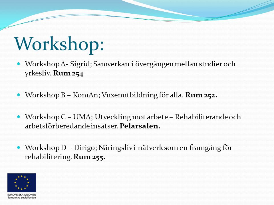 Workshop:  Workshop A- Sigrid; Samverkan i övergången mellan studier och yrkesliv.