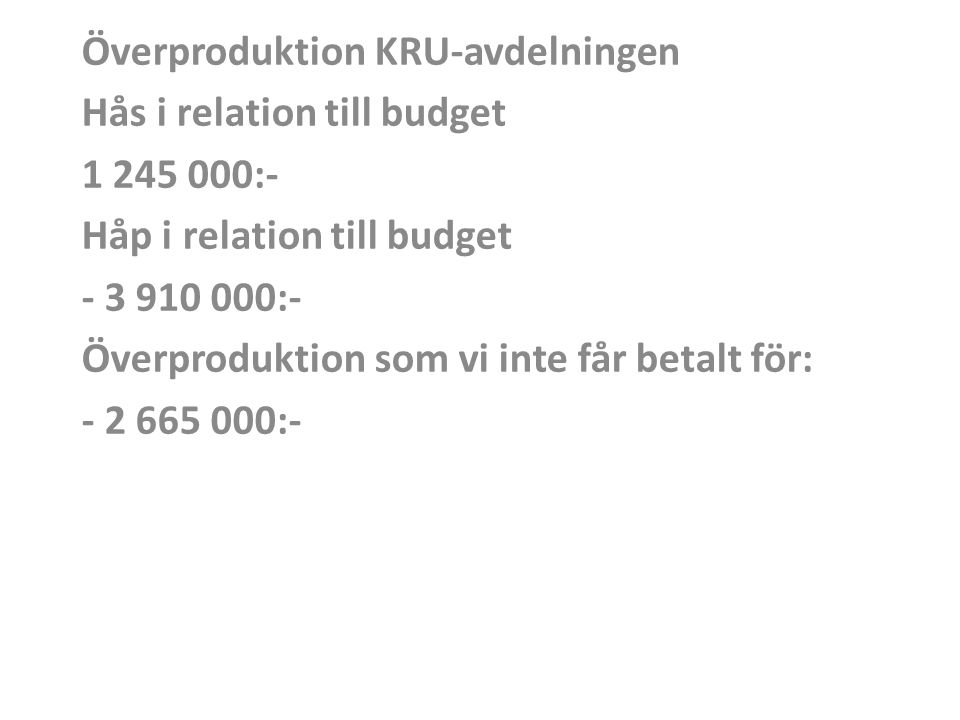 Överproduktion KRU-avdelningen Hås i relation till budget :- Håp i relation till budget :- Överproduktion som vi inte får betalt för: :-