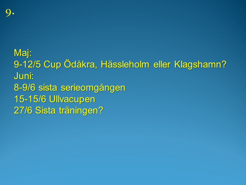 Maj: 9-12/5 Cup Ödåkra, Hässleholm eller Klagshamn.