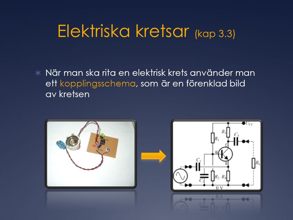 Elektriska kretsar (kap 3.3)  När man ska rita en elektrisk krets använder man ett kopplingsschema, som är en förenklad bild av kretsen