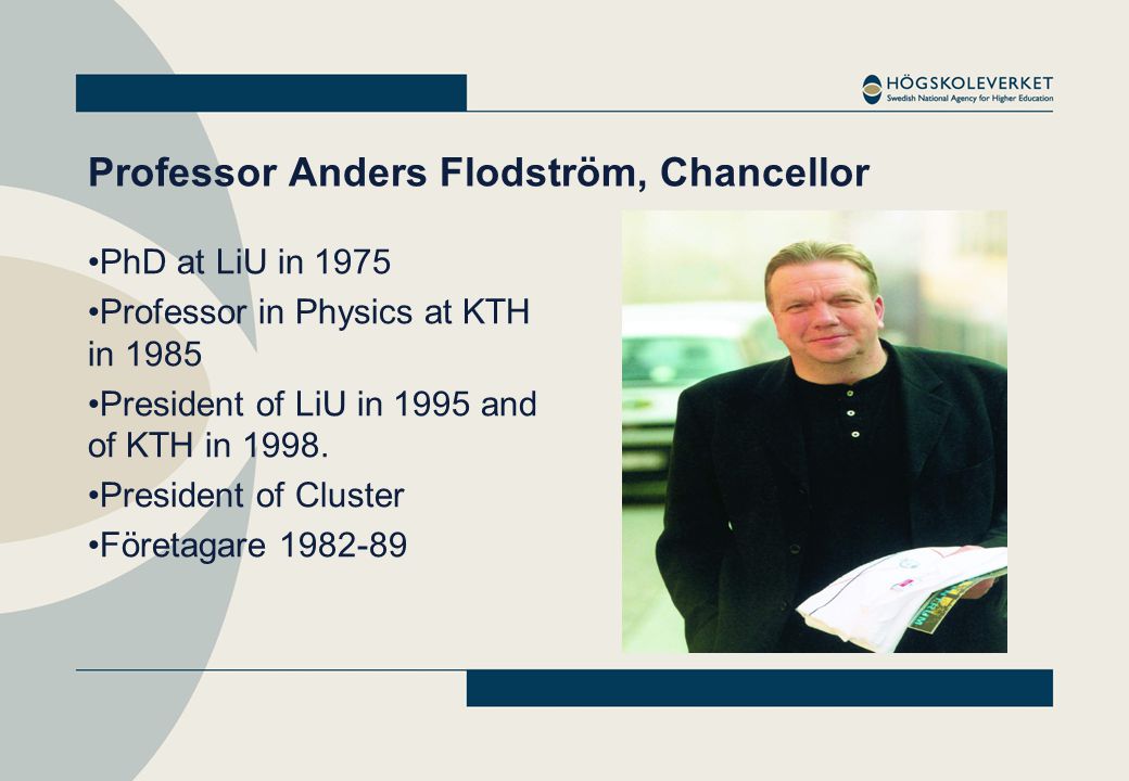 Professor Anders Flodström, Chancellor •PhD at LiU in 1975 •Professor in Physics at KTH in 1985 •President of LiU in 1995 and of KTH in 1998.