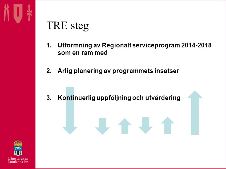 TRE steg 1.Utformning av Regionalt serviceprogram som en ram med 2.Årlig planering av programmets insatser 3.Kontinuerlig uppföljning och utvärdering