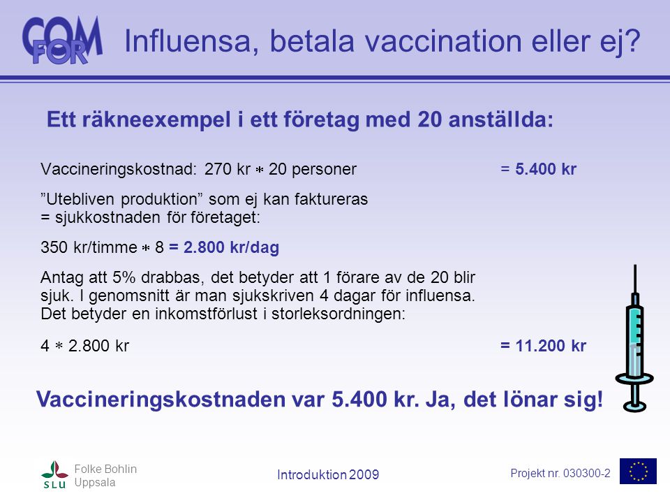 Projekt nr Folke Bohlin Uppsala Introduktion 2009 Influensa, betala vaccination eller ej.