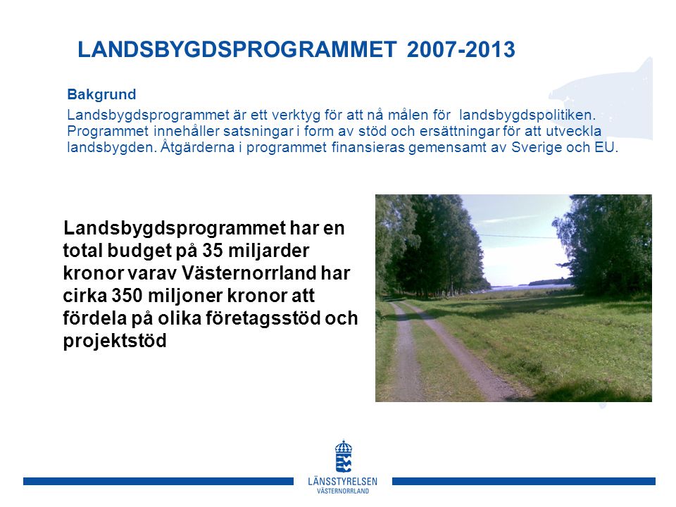 LANDSBYGDSPROGRAMMET Bakgrund Landsbygdsprogrammet är ett verktyg för att nå målen för landsbygdspolitiken.