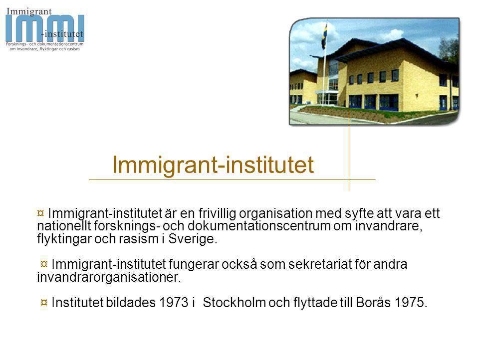 Immigrant-institutet ¤ Immigrant-institutet är en frivillig organisation med syfte att vara ett nationellt forsknings- och dokumentationscentrum om invandrare, flyktingar och rasism i Sverige.