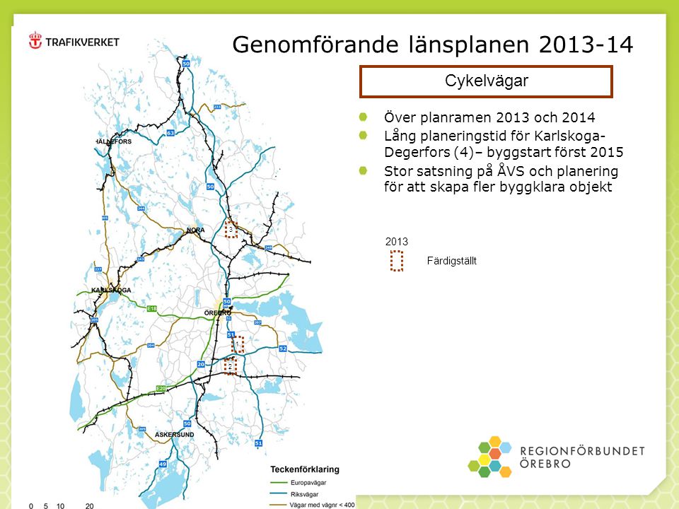 1 Färdigställt Över planramen 2013 och 2014 Lång planeringstid för Karlskoga- Degerfors (4)– byggstart först 2015 Stor satsning på ÅVS och planering för att skapa fler byggklara objekt Genomförande länsplanen Cykelvägar
