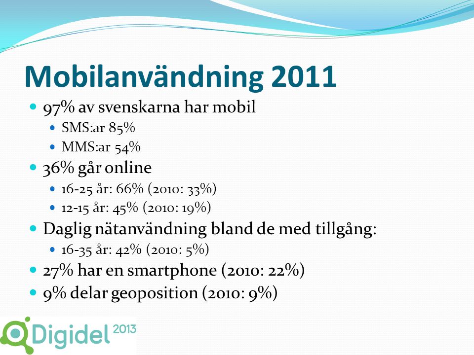 Mobilanvändning 2011  97% av svenskarna har mobil  SMS:ar 85%  MMS:ar 54%  36% går online  år: 66% (2010: 33%)  år: 45% (2010: 19%)  Daglig nätanvändning bland de med tillgång:  år: 42% (2010: 5%)  27% har en smartphone (2010: 22%)  9% delar geoposition (2010: 9%)