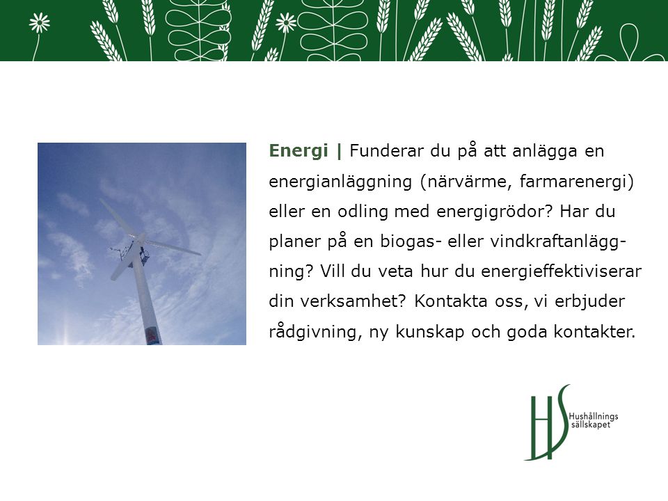 Energi | Funderar du på att anlägga en energianläggning (närvärme, farmarenergi) eller en odling med energigrödor.