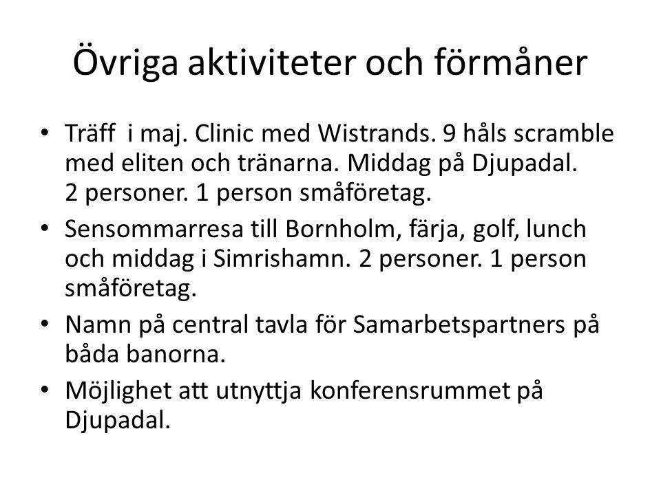 Övriga aktiviteter och förmåner • Träff i maj. Clinic med Wistrands.