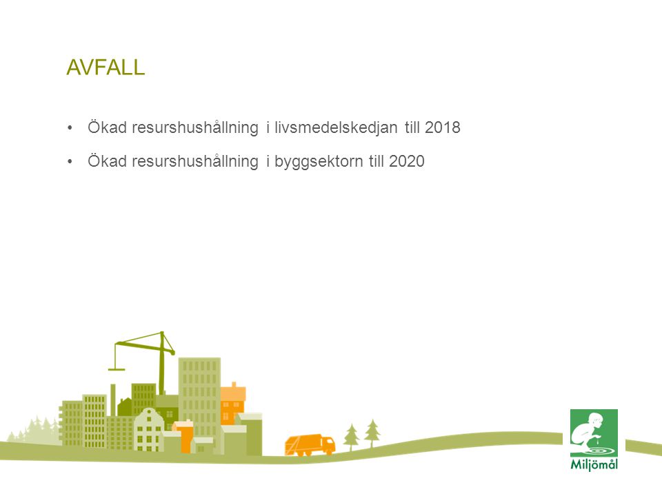 AVFALL •Ökad resurshushållning i livsmedelskedjan till 2018 •Ökad resurshushållning i byggsektorn till 2020