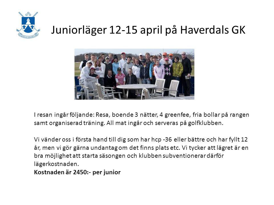 Juniorläger april på Haverdals GK I resan ingår följande: Resa, boende 3 nätter, 4 greenfee, fria bollar på rangen samt organiserad träning.