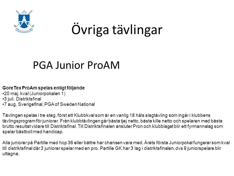 Övriga tävlingar PGA Junior ProAM GoreTex ProAm spelas enligt följande •20 maj, kval (Juniorpokalen 1) •3 juli, Distriktsfinal •7 aug, Sverigefinal, PGA of Sweden National Tävlingen spelas i tre steg, först ett Klubbkval som är en vanlig 18 håls slagtävling som ingår i klubbens tävlingsprogram för juniorer.