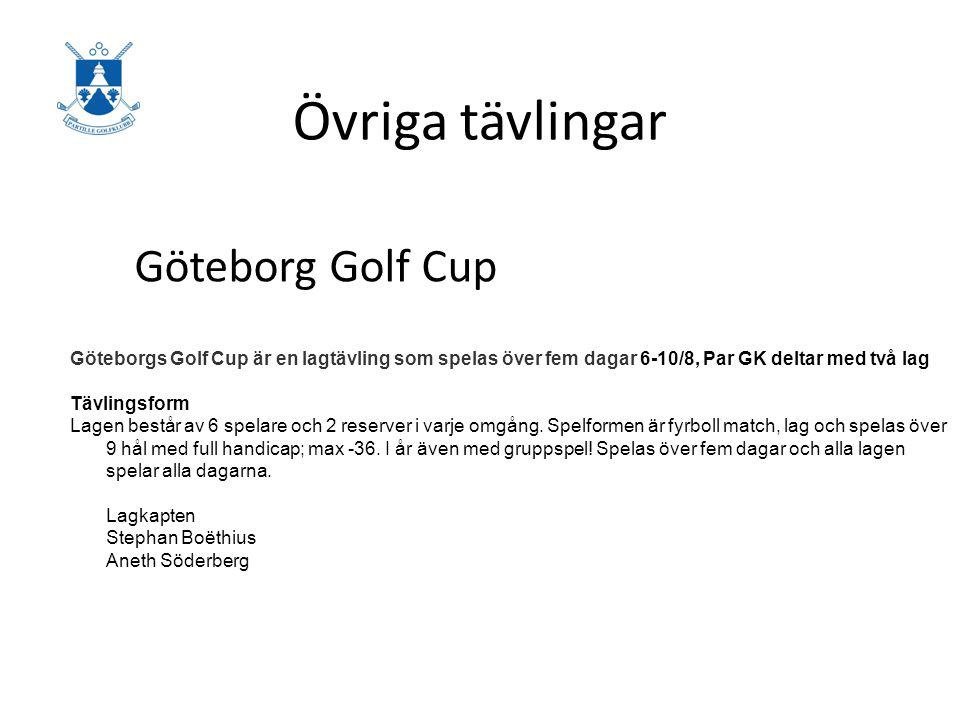 Övriga tävlingar Göteborg Golf Cup Göteborgs Golf Cup är en lagtävling som spelas över fem dagar 6-10/8, Par GK deltar med två lag Tävlingsform Lagen består av 6 spelare och 2 reserver i varje omgång.