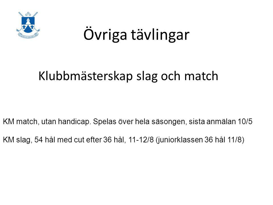 Övriga tävlingar Klubbmästerskap slag och match KM match, utan handicap.