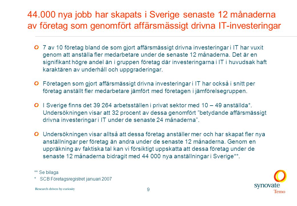 nya jobb har skapats i Sverige senaste 12 månaderna av företag som genomfört affärsmässigt drivna IT-investeringar 7 av 10 företag bland de som gjort affärsmässigt drivna investeringar i IT har vuxit genom att anställa fler medarbetare under de senaste 12 månaderna.