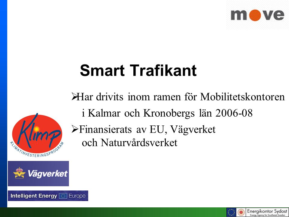 Smart Trafikant  Har drivits inom ramen för Mobilitetskontoren i Kalmar och Kronobergs län  Finansierats av EU, Vägverket och Naturvårdsverket