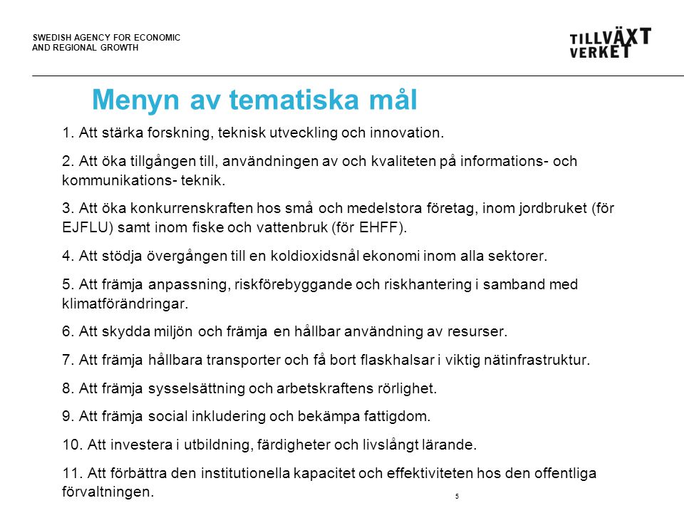 SWEDISH AGENCY FOR ECONOMIC AND REGIONAL GROWTH Menyn av tematiska mål 1.