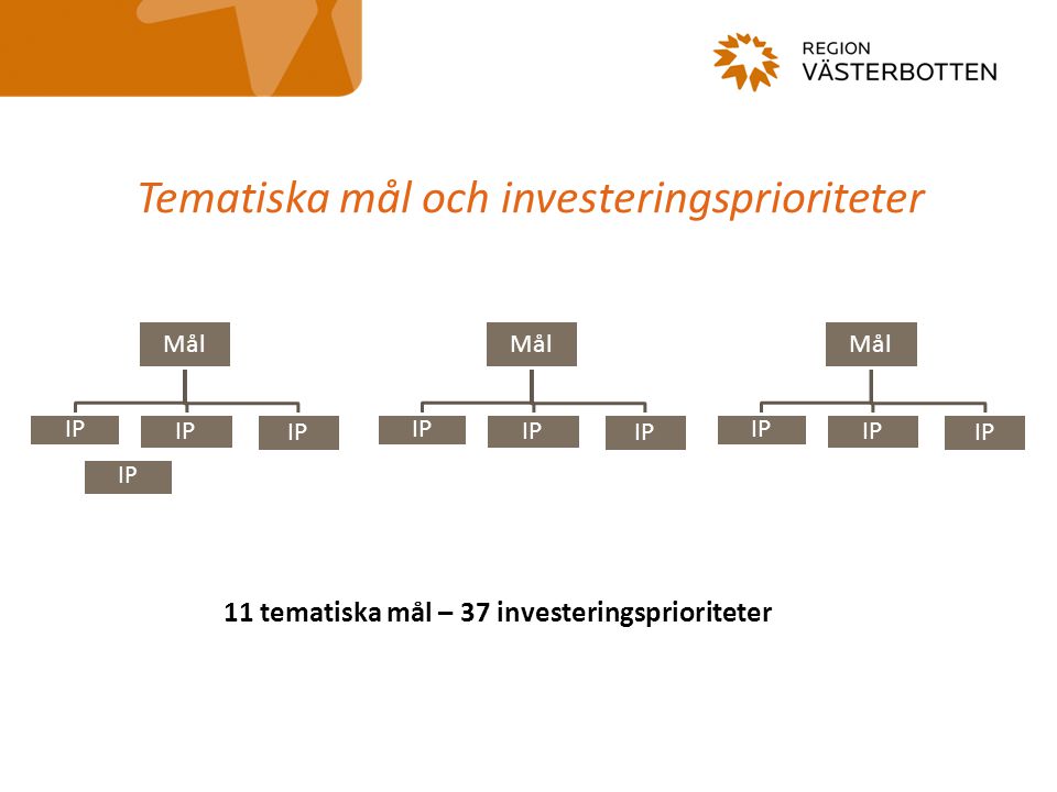 Tematiska mål och investeringsprioriteter 11 tematiska mål – 37 investeringsprioriteter IP