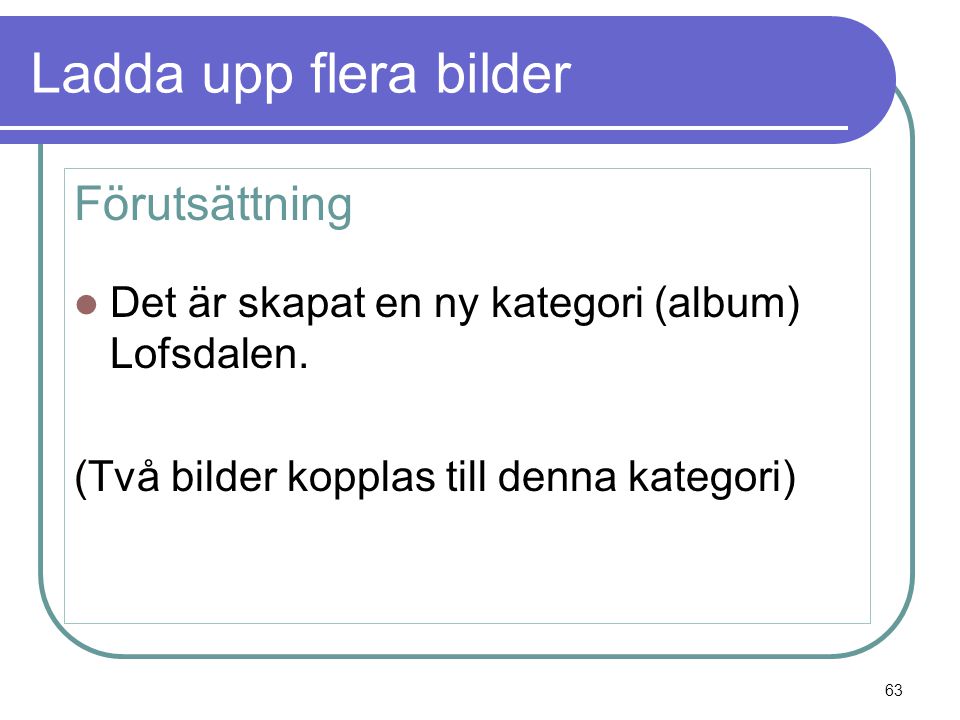 Ladda upp flera bilder Förutsättning  Det är skapat en ny kategori (album) Lofsdalen.